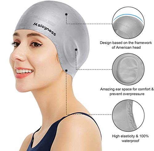 Msicyness Swim Casp for Men and Women Long/Short Hair Silicone Stretchy Swimming Hats Cover Ears Unisex Adult Size - Thumbnail 2