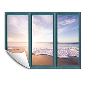 Wall Murals for Bedroom Fake Window Beach Blue Window Removable Wallpaper Peel and Stick Wall Stickers - 24x32 inches