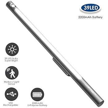 Motion Sensor Closet Light, Upgraded Rechargeable 39 LED Wardrobe Light Stick-on Anywhere Under Cabinet Lighting/Hallway/Closet/Night Light Bar, 2 Sensor Mode (Only Motion, Motion & Light)
