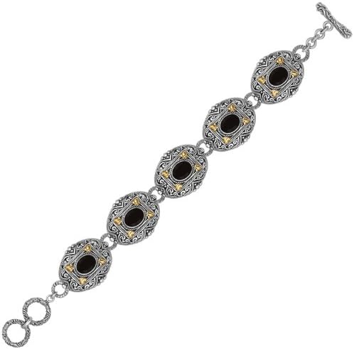 18K Yellow Gold and Sterling Silver Bracelet with Scrollwork and Oval Black Onyx