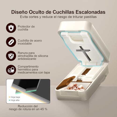 Cortador de Pastillas con Hoja Oculta, Evita Cortes en las Manos, Cortador de Pastillas Ajustable, Corte Preciso de Medicamentos, Divide en 2/4 Partes, para la Mayoría de las Tabletas (Blanco Marron)