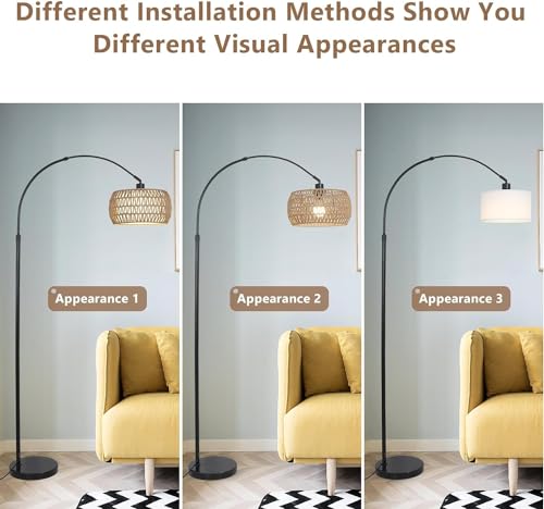Homodoskey Arc Floor Lamp for Living Room with 3 Color Temperatures,Floor Lamps with Remote & Dimmable Bulb, Boho Standing Lamp with Rattan & Fabric Shade, Adjustable Tall Lamp for Bedroom, Office (A)