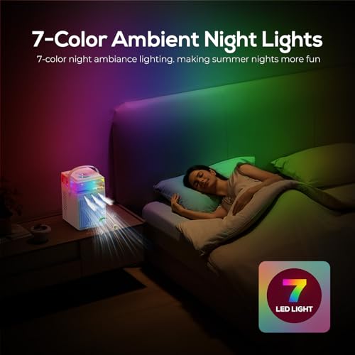 Portable Air Conditioners, 4-IN-1 Evaporative Air Cooler with App Control, 800ml Water Tank, Rechargeable Mini Air Conditioner, 3 Speeds & 3 Mist, Colorful Night Light Cooling Fan (White)