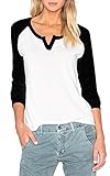 Meaneor Women's V Neck Contrast Color Loose Fit Long Sleeve T-Shirt Blouse Tops
