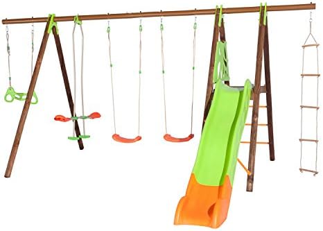 Trigano Schaukel Octavo Aus Holz Und Metall Mit Klettergerust Rutsche Strickleiter Trapezringe Tellerwippe Und 2 Schaukelsitze Amazon De Garten