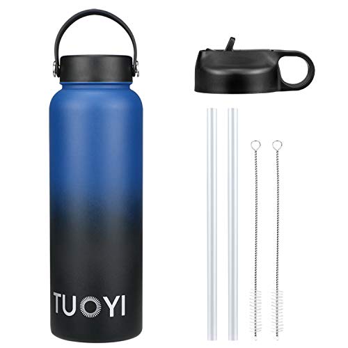 TUOYI Insulated Water Bottle BPA Free Leak-Proof Cap Double Vacuum Stainless Steel Portable Sports Water Bottle with Straw Keeps Water Stay Cold for 24 Hours, Hot for 12 Hours (Deep Blue 40oz)