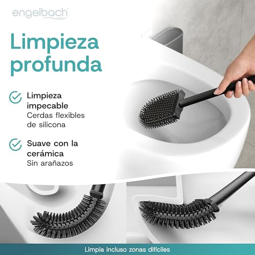 Engelbach® Silicone Toilet Brush with Stainless Steel Handle and Holder – Antibacterial Wall Mounted Toilet Brush without Drill – Toilet Brush with Replacement Head – White