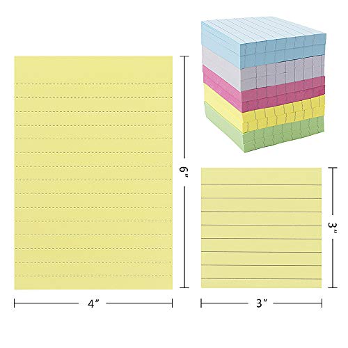JPSOR 15Pads Colorful Lined Sticky Notes Set, Memo Notes, Self-Stick Notes, 10Pads 3" x 3", 5Pads 6" x 4", 5 Colors