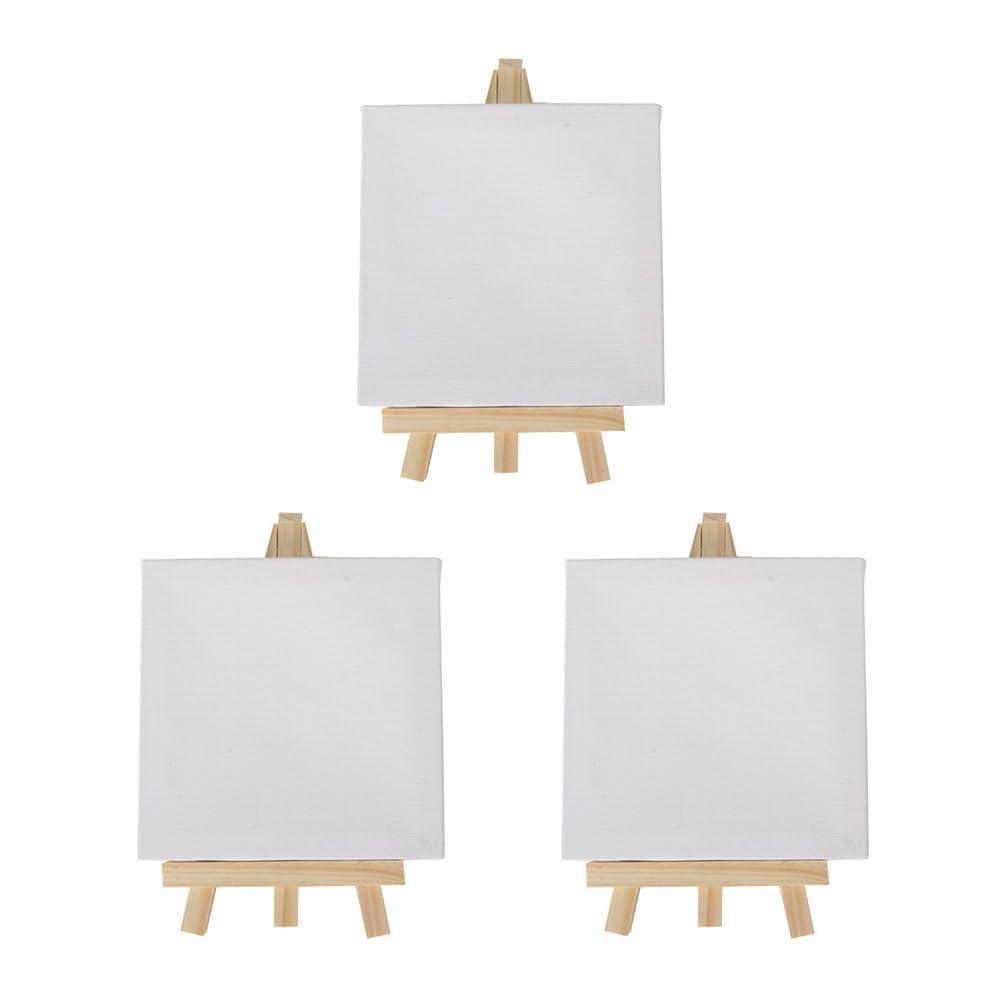 3 Pack Mini Canvas & Easel Set,Pre-Stretched & Primed Blank Canvas Art Boards with Table Top Wooden Easel (8x15cm, 10x10cm)