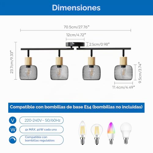 ANWIO Ceiling Lamp 4 Adjustable Bulbs E14, Kitchen Ceiling Lamp, Black Indoor LED Spotlights, Modern LED Ceiling Light for Indoors, Rotatable for Bedroom, Kitchen, Hallway, Dining Room, Without Bulb