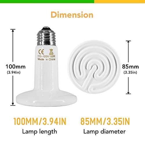 iLOVE Ceramic Heat Emitter 150W 2 Pack, Reptile Heat Lamp Bulbs for Lizard Turtle Snake Amphibian Pet, No Light Emitted Brooder Coop Heater