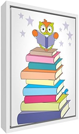 Feel Good Art Eco-Printed & Framed Nursery Canvas with Solid White Wooden Frame &Lt;Wally The Owl on a Stack of Books&Gt; Multicoloured, 34 x 24 x 3cm (Small)