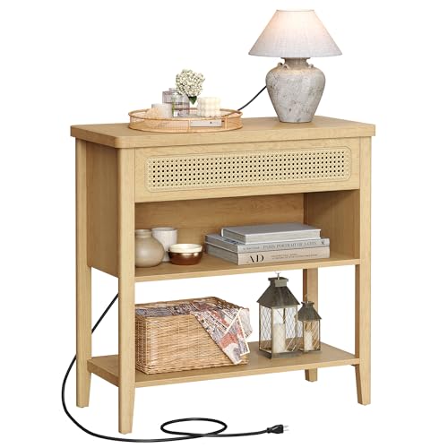 VASAGLE Console Table with Power Outlets, Entryway Table with Storage Shelf, Sofa Table with Drawer, Open Compartment, Rounded Corners, for Living Room, Boho Style, Oak Beige ULNT140Y57