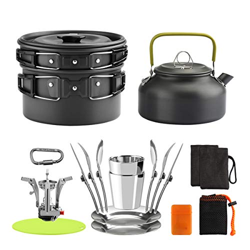 Awroutdoor 19pcs Camping Cookware Mess Kit, NonStick Lightweight Pots