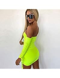 Manga larga con hombros descubiertos y fruncido verde neón para mujer - Vestido ajustado Vestidos sexy Vestidos de fiesta club nocturno
