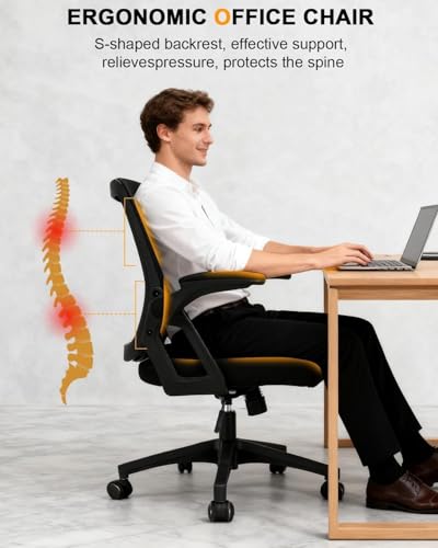 Durrafy Ergonomic Office Chair, Desk Chair with 90° Flip-up Armrests, Lumbar Support & Height Adjustable, Breathable Swivel Computer Chair with Tilt Function, Mid-Back Mesh Chair For Home/Office