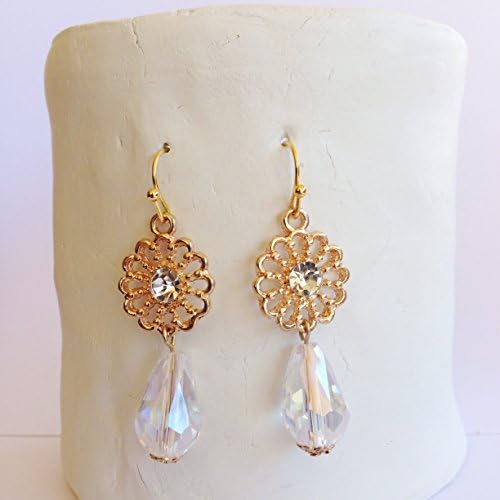 Gold Plated Flower Earrings with Rhinestone Center and Clear Iridescent Teardrop Crystal