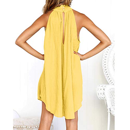 Mysky Women Summer Popular Bohemian Sweet Floral Halter Sleeveless Irregular Hem Pure Color Mini Dress Yellow