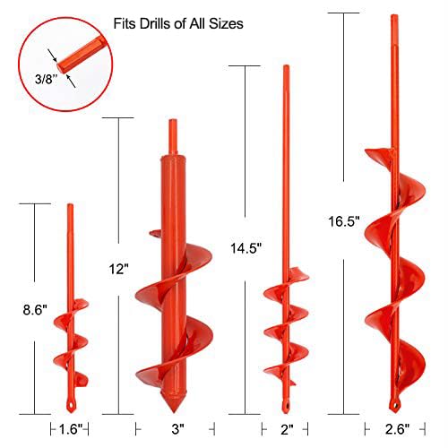 MAXCCINO Auger Drill Bit Set of 4 for Planting - 3/8" Hex Garden Spiral Bits for Bulbs, Trees, Post Holes & Soil Mixing