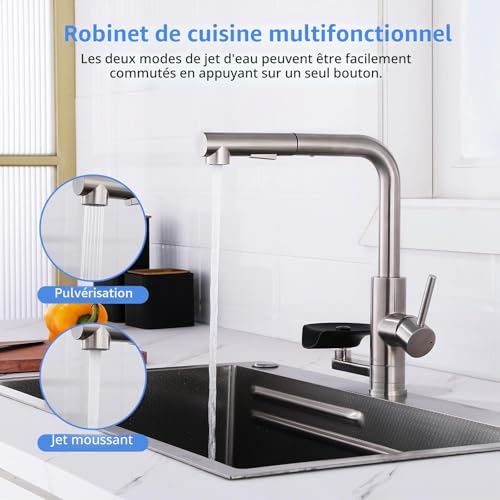 LakeBayMZC Kitchen Faucet, 360° Rotatable Extendable Kitchen Faucet, Double Jet Mixer, Brushed 304 Stainless Steel, for Kitchen Sink