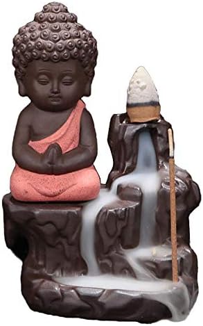 Buddha Backflow Incense Burner Handmade Incense Holder Ceramic Cone Incense Burner Monk Cone Holder for Home Decor (Light Yellow)