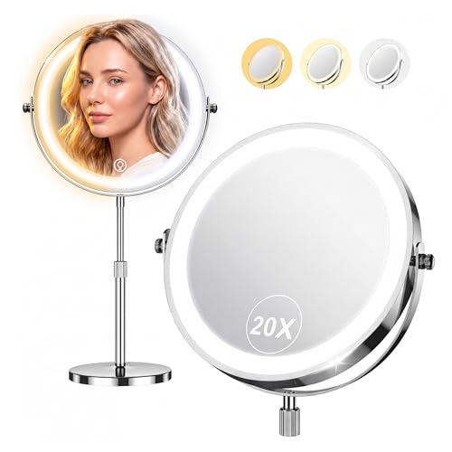 Dienmern Lighted Makeup Mirror, 1X/20X Double-Sided Magnifying Vanity Mirror with Lights, 360° Rotation, 5000mAh Rechargeable Adjustable Brightness with 3 Colors for Dorm, Living Room, Women Gift