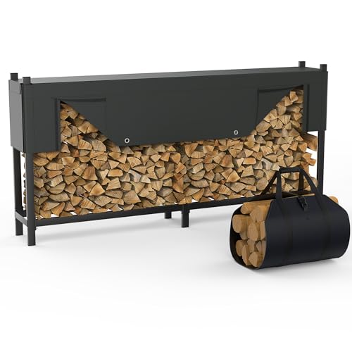 WALMANN Heavy-Duty 8 ft Firewood Rack with Cover & Firewood Carry Bag