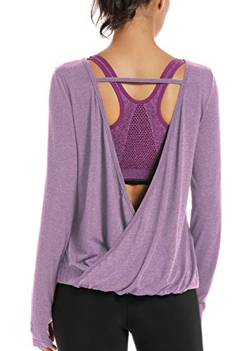 Muzniuer Women's Sexy Backless Long Sleeve Yoga T Shirt Casual Open Back Cross Blouse Tops Thumbhole Shirts Long Sleeve Workout Top Summer Top Lavender L