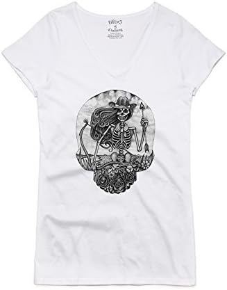 Women's Fifty5 Clothing Sagittarius Skull Bevel V Neck T-Shirt White XL