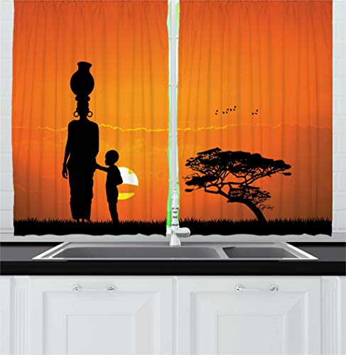 AmbesonneAfrican Kitchen Curtains, Child and Mother at Sunset Walking in Savannah Desert Dawn Kenya Nature Image, Window Drapes 2 Panel Set for Kitchen Cafe Decor, 55" x 39", Orange Black