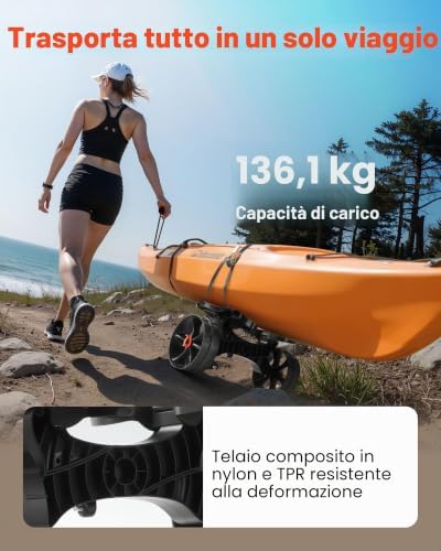 Carrello per Kayak, Carico di 136,1 kg, Carrello per Trasporto Tavole da Surf con Pneumatici in Gomma 25,4 cm e 1 Cinghia a Cricchetto, per Trasporto di Canoe, Paddleboard, Materassini