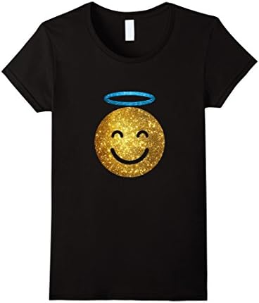 Womens Emoji Shirt - Glitter Angel Face With Halo Emoji T Shirt Medium Black
