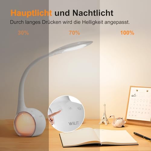 LED Schreibtischlampe Kinder, Schreibtischlampe Farbwechsel Nachttischlampe Kinder Jungen Mädchen, Nachttischlampe Touch Dimmbar mit 3 Helligkeitsstufen, Weiß