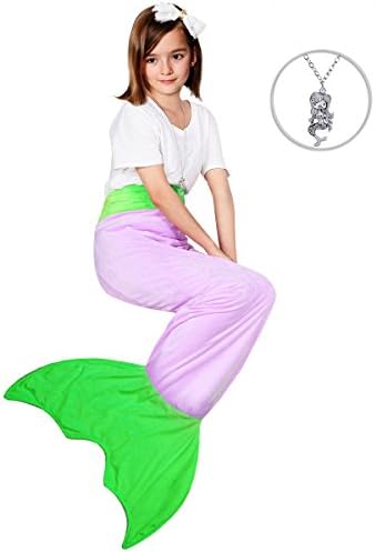 Maidream Mermaid Tail Blanket Upgraded Double-layered Soft Cozy Fleece Warm Sleeping Bag with Necklace Gift for Kids and Teens(Ages 3-12) (Light Purple/Green)