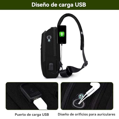 Mochila Cruzada Multifuncional para Hombre,Mochila unisex,Bolso de bandolera Impermeable con Puerto de Carga USB y de Auriculares,bandolera hombre,para Senderismo,Deportes,Actividades al Aire Libre
