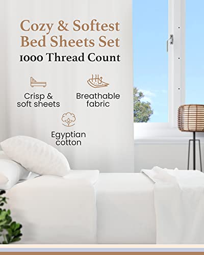 100% Egyptian Cotton Bed Sheets Queen, 1000 TC Cooling Sheets, 4 Pc White Queen Bed Sheets Set, 16 inch Deep Pocket Queen Sheet Set, Bedsheets Queen Size Set with 2 Pillowcases, Fitted & Flat Sheet