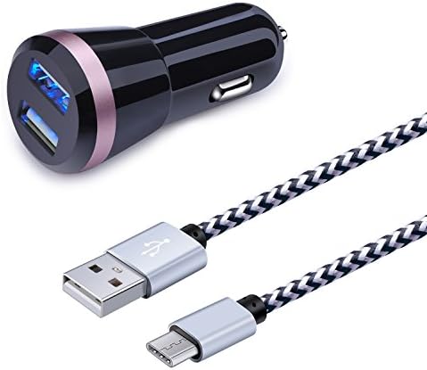 Type C Charger, Sicodo 3.1A Dual USB Port Car Charger Adapter with 6FT USB Type-C Nylon Braided Charger Cable for Samsung Galaxy S8 Plus, MacBook, Google Pixel XL, LG G6 G5 V20, Nexus 6P 5X, HTC 10