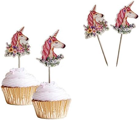Unicorn Horn Cupcake Topper (48 Pack) Double Sided Kids Birthday Party Decorations Supplies