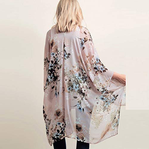 Besooly Women Cardigan Floral Print Chiffon Shawl Kimono Top Loose Plus Size Shirt Coat Bohemia Long Shirt Blouse (M, Pink) - Thumbnail 2