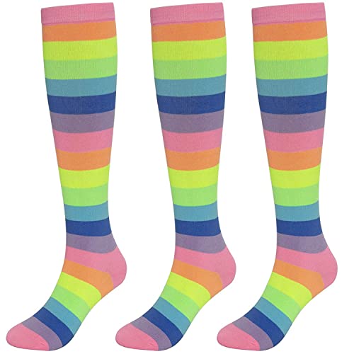 KONY Women's Cotton Colorful Striped Rainbow Knee High Socks 1/3 Pairs, Comfortable Stay Up Best Gift Size 6-10