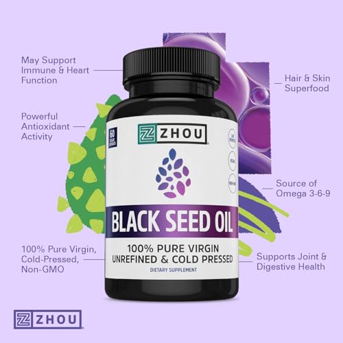 ZHOU Black Seed Oil Capsules - Black Cumin Seed Oil Cold Pressed, Nigella Sativa, Pure Unrefined Blackseed, Premium Supplement for Health, Hair & Skin w/Thymoquinone - 60 Capsules (Pack of 1)