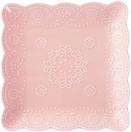 Amazon Co Jp Jusalpha 正方形エンボス加工レースプレート 4ピース 8 Inches ピンク ホーム キッチン