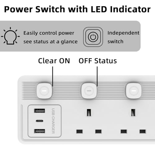 WLV Extension Lead 3M, 5 Plug Extension Lead with 3 USB Slots, Plug Extension Socket with Individually Switch, White Wall Mounted Power Strip for Dorm, Kitchen, Living Room, Bedroom