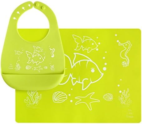 Silicone Placemat and Bib with Pocket Set for Baby, Kids - Food Grade, Reusable, Unisex, Green Fish