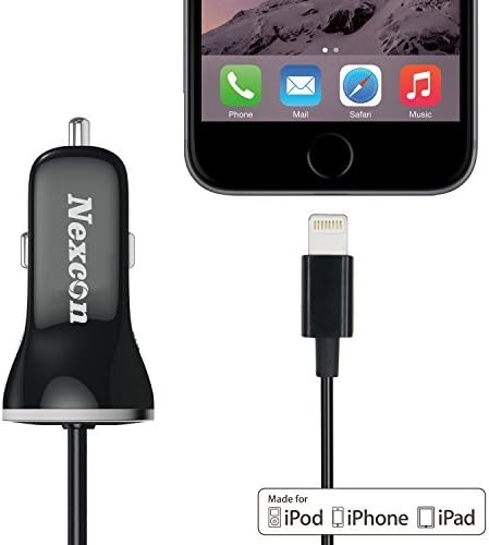 Car Charger, Nexcon Apple MFi Certified 3.4A Lightning Car Charger with Built-in Apple 8-Pin Lightning Cable For iPhone 6 Plus, 6, 5S, 5, 5C, iPad air 2, Mini 3, iPod Touch 5/Nano 7 - 100% Works With iOS7 and iOS8 (Black)