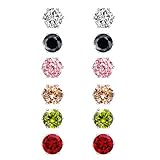 6 Pairs Different Colors White Gold Plated Cubic Zirconia Stud Earring Set for Women 6MM