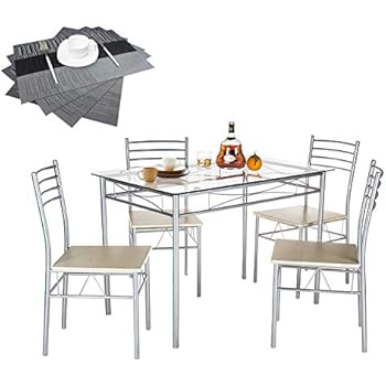 VECELO Dining Table with 4 Chairs [4 Placemats Included-] Silver