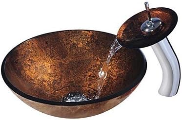 HFaucet® Copper RoundTempered Glass Vessel Sink with Waterfall tap ,Pop - Up drain and Mounting Ring
