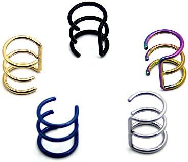 CrazyPiercing 5PCS Piercing Women Girls Men 16G Stainless Steel Non-piercing Fake Lip Nose Ring Clip-on Cartilage Septum Earring Hoop (3 Layer)