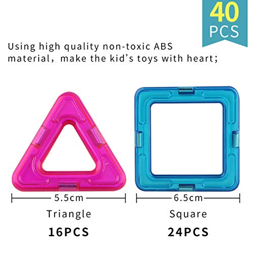 Gepege Magnetic Tiles Building Blocks Toys for Kids, 40 Pcs Preschool Kids Educational Construction Magnetiles Toys Sets